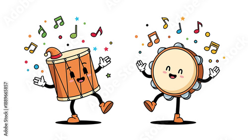 Cartoon drum and tambourine characters dancing with music notes and colorful confetti floating around them