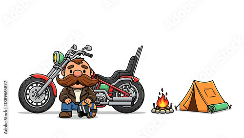 Cartoon biker with beard sitting beside motorcycle and tent in camping scene