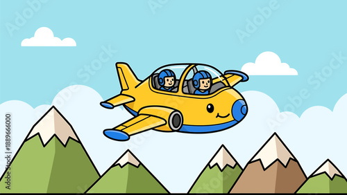 Yellow cartoon plane flying over mountains with two pilots in cockpit blue sky and white clouds background adventure