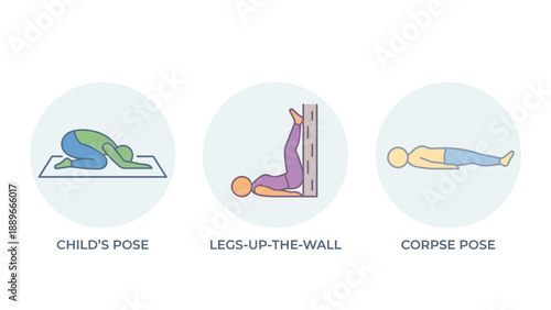 Three illustrated yoga poses: Child's Pose, Legs-Up-The-Wall, and Corpse Pose, depicted in a minimalist, colorful style.
