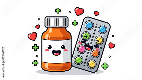 Cartoon medicine bottle and blister pack with smiling face surrounded by hearts and crosses on white background