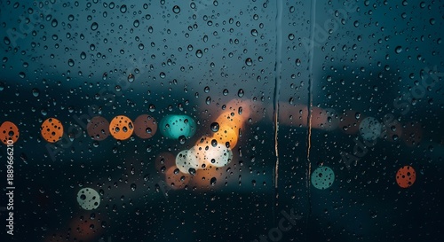 Rainy night cityscape view through wet window