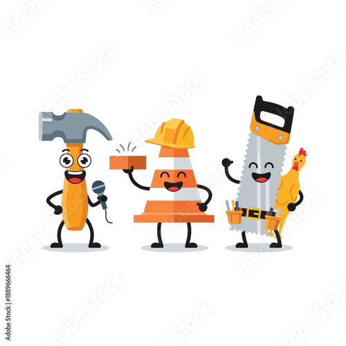 Cartoon construction tools characters: a hammer holding a microphone, a traffic cone with a hard hat and brick, and a saw with a tool belt and chicken, all smiling.