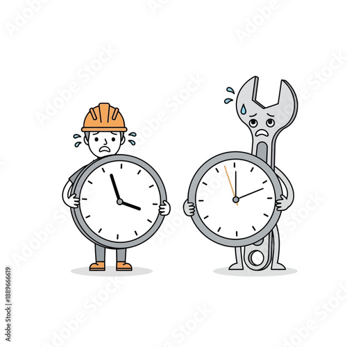 Stressed worker in hard hat and worried wrench character holding clocks, symbolizing time pressure and impending deadlines in a work or maintenance context.