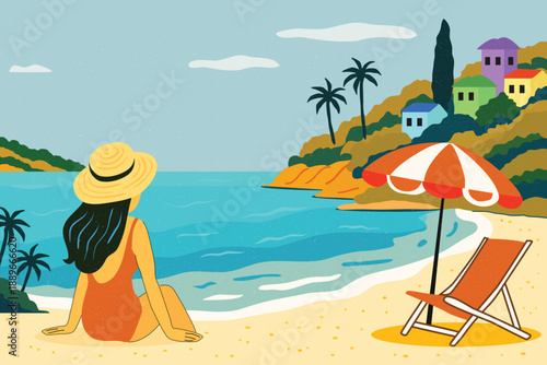 vintage summer beach postcard, travel vacation holiday banner background, vector art