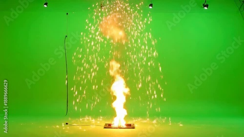 Spectacular display of golden sparks erupting upwards against a vibrant green screen backdrop.