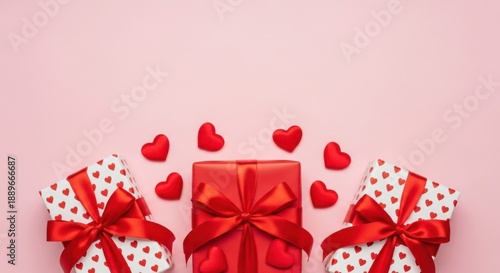 Red Gift Boxes and Hearts on Pink Background