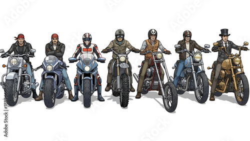 Seven bikers riding motorcycles in different attires on white background
