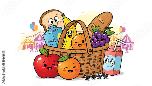 Cartoon picnic basket filled with smiling fruit and drinks surrounded by anthropomorphic food characters at a festive
