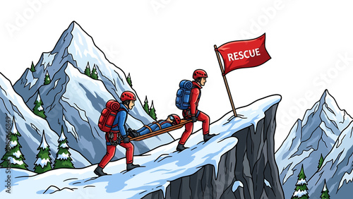 Rescue team transporting injured person on stretcher through snowy mountains with rescue flag
