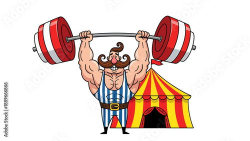 Strongman lifting heavy weights near a colorful circus tent with a striped costume and mustache