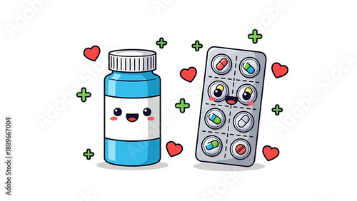 Cartoon medicine bottle and pill container with smiling faces surrounded by hearts and plus signs on white background