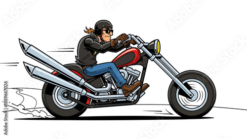 Man riding custom chopper motorcycle with fin leather jacket and sunglasses in dynamic pose