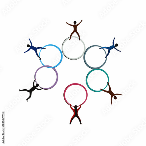 A group of people holding colorful hula hoops in a circular formation