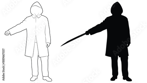 Man in hooded raincoat holding a long object, outline and silhouette vector illustration