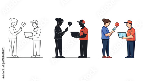 Delivery service confirmation with customer using smartphone and courier with laptop, showing different styles outline, silhouette and full color illustration