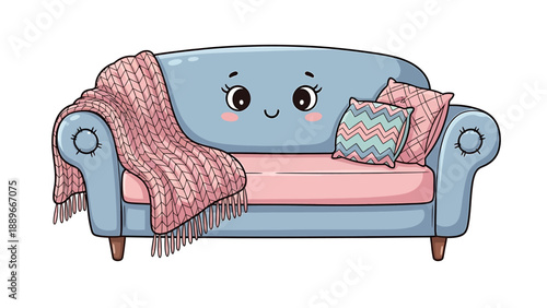 Cute cartoon blue sofa with pink throw blanket and pillows on white background