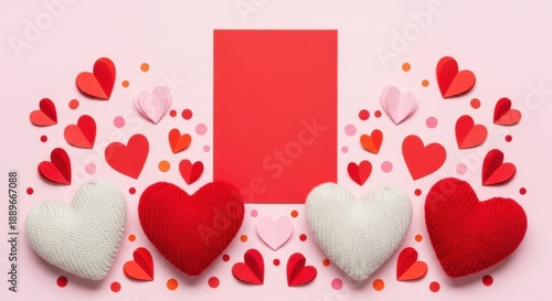 Red and White Hearts with Blank Card on Pink Background