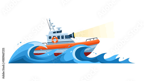 Vibrant orange rescue boat sailing through turbulent blue waves with white cabin and bright light beam
