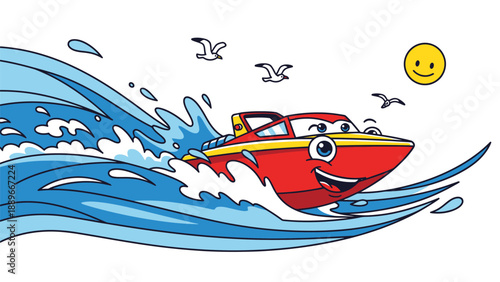Red cartoon boat speeding through blue waves on sunny day with birds flying overhead