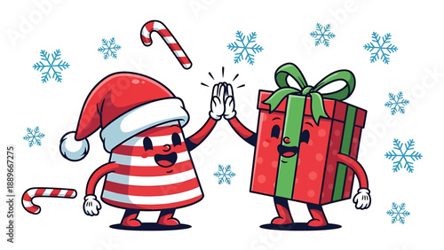 Cartoon christmas characters santa hat and gift box high five candy canes snowflakes festive greeting card design