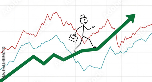 Stick figure businessman climbing upward trending stock market graph.