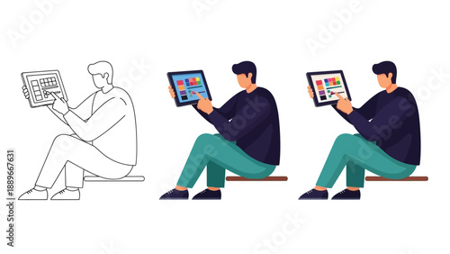 Man sitting and using a digital tablet, showing three stages of design process sketch, color selection, and final review