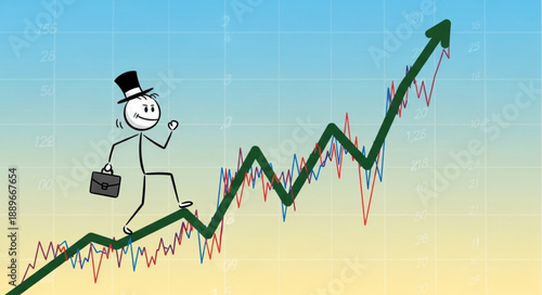 Stick figure businessman climbs upward trending stock market graph.
