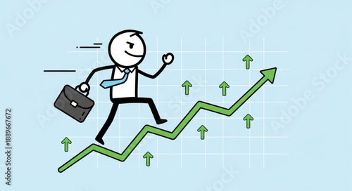 Stick figure businessman running up a green financial graph.