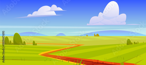 Cartoon Nature Landscape with Winding Dirt Road Through Green Fields Under Blue Sky – Flat Vector Illustration