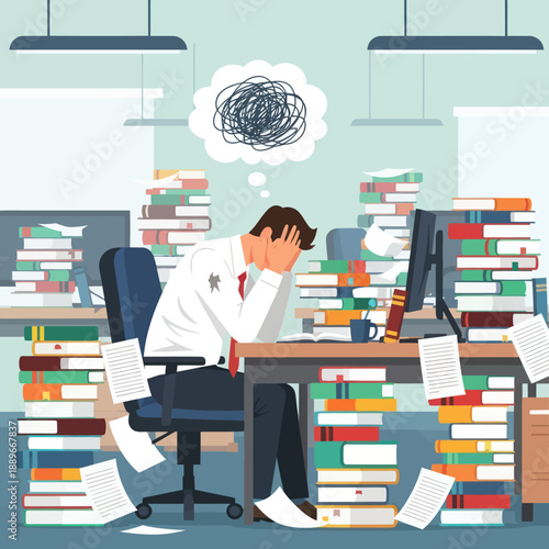 Man Overwhelmed by Paperwork and Stress.