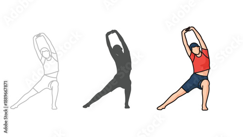 Man doing side bend stretch exercise, illustration of fitness, workout, and healthy lifestyle in outline, silhouette and color versions
