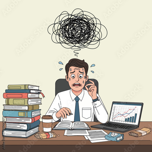 Stressed Man at Desk with Laptop.