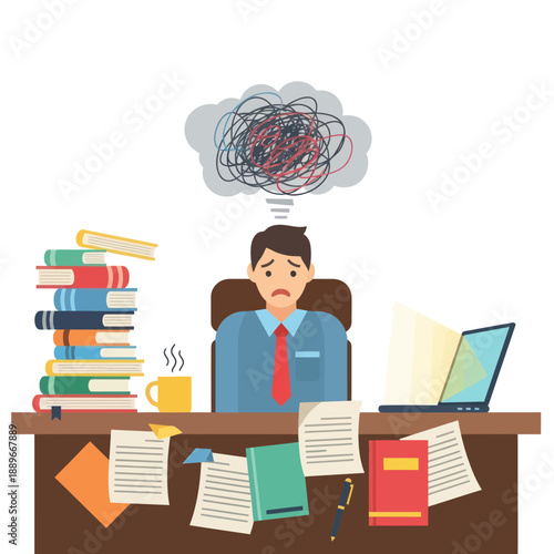 Overwhelmed office worker with tangled thoughts.