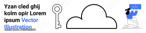 Data security, cloud storage, encryption, software development, cybersecurity, digital access. A key, cloud outline and a professional holding a coding board. Encryption and cloud storage