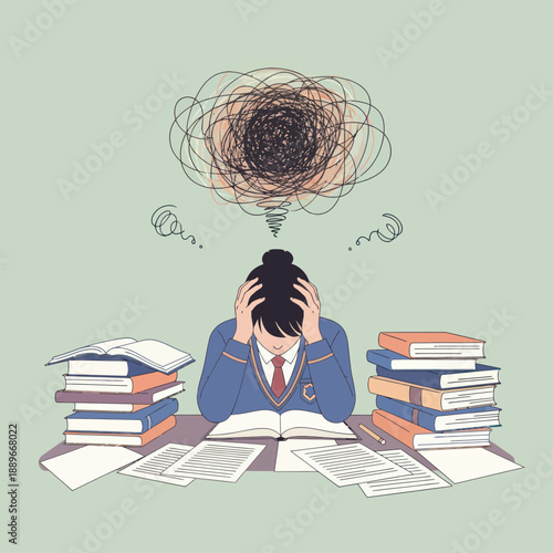 Overwhelmed Student Surrounded by Books and Papers.
