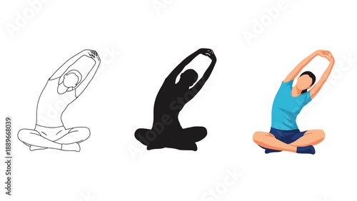 Set of three illustrations showing a person doing a seated side bend yoga pose, including line art, silhouette and full color representation