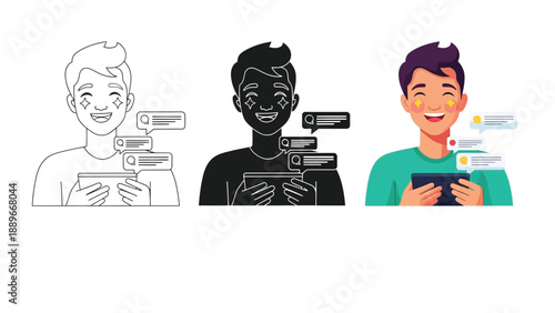 Happy young man chatting tablet or smartphone, receiving positive messages, three styles outline, silhouette and color illustration