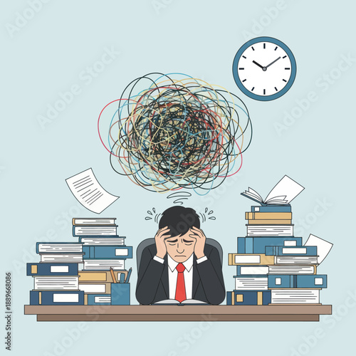 Overwhelmed Businessman Sitting at Cluttered Desk.