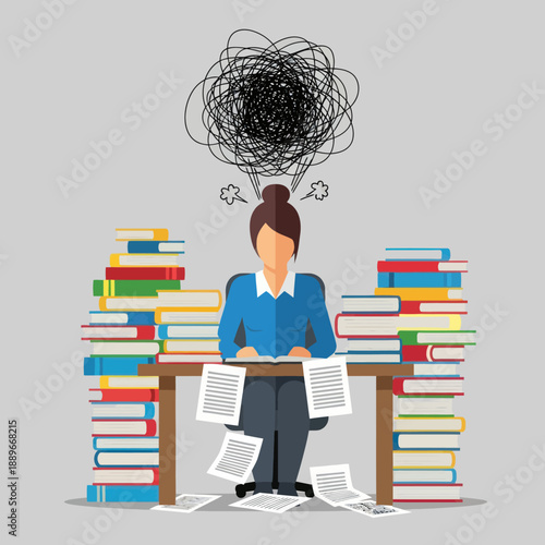 Woman Overwhelmed by Books and Papers.