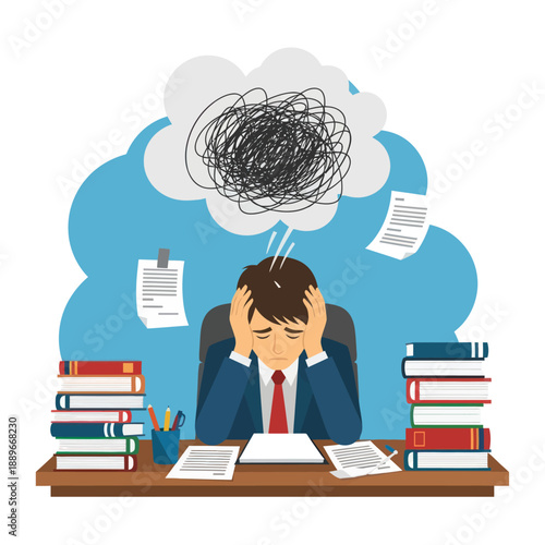 Stressed Businessman Overwhelmed with Workload Sitting at Desk.