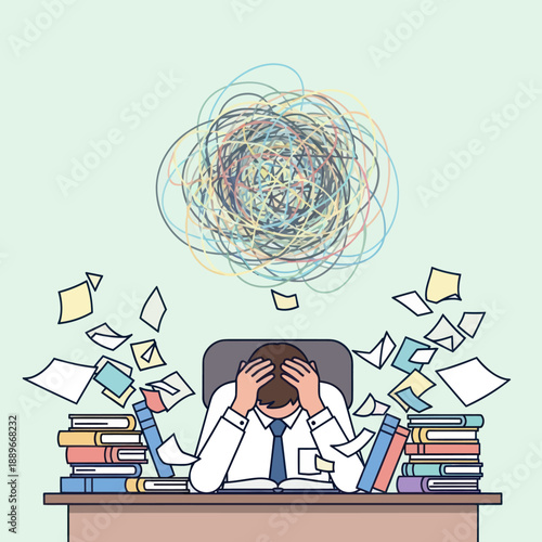 Overwhelmed office worker surrounded by paperwork.