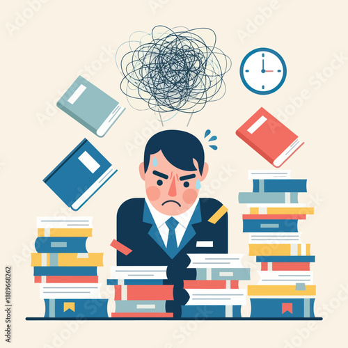 Overwhelmed Man Surrounded by Books and Papers.