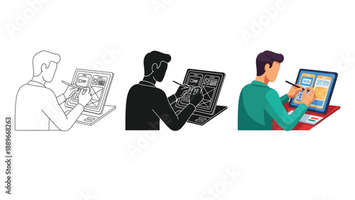 Set of three illustrations showing a man drawing or writing a digital tablet or board in different styles outline, silhouette and full color vector graphic