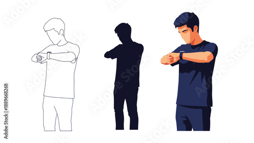 Man checking his wristwatch in three styles outline, silhouette and full color vector illustration