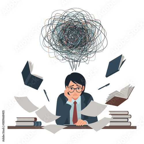 Man Overwhelmed by Papers and Thoughts.