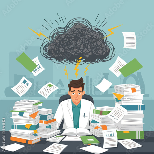 Man Overwhelmed by Papers and Documents.