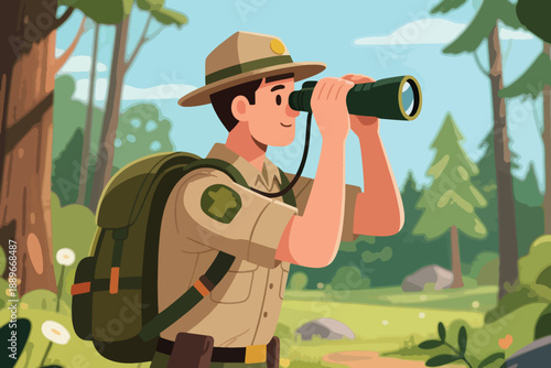 Illustration Of A Forest Ranger Monitoring An Area Using Binoculars Vector Design Template