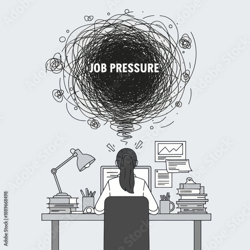 Woman Overwhelmed by Job Pressure at Desk.