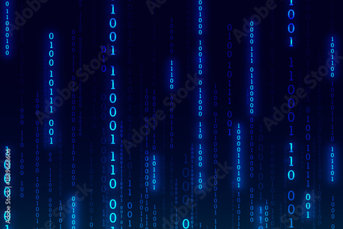 Blue binary code flowing vertically on dark background for digital technology concept